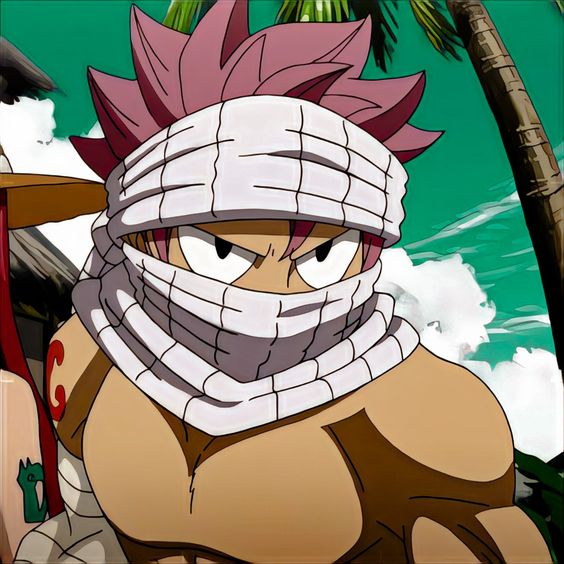 a digital drawing of natsu dragneel from the anime fairy tail. he is depicted in a dynamic pose, showcasing his muscular physique. he is wearing a white bandana covering his lower face, with his fierce eyes peering over it. the background features a tropical setting with palm trees and a bright blue sky with fluffy white clouds.