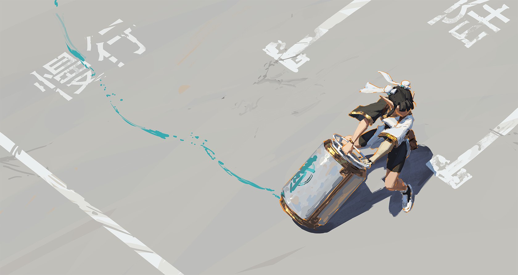 the image is a digital painting or illustration of an animestyle girl with dark hair wearing a white and black outfit. she is sitting atop a large metallic can, which appears to be a paint can, and pushing it across a grey asphalt surface. a teal stream of paint trails behind the can, forming a line. the ground is marked with white parking lines and there's some chinese text painted on the pavement.  the overall style is loose and painterly, with a focus on movement and energy. the scene seems set in an urban environment.