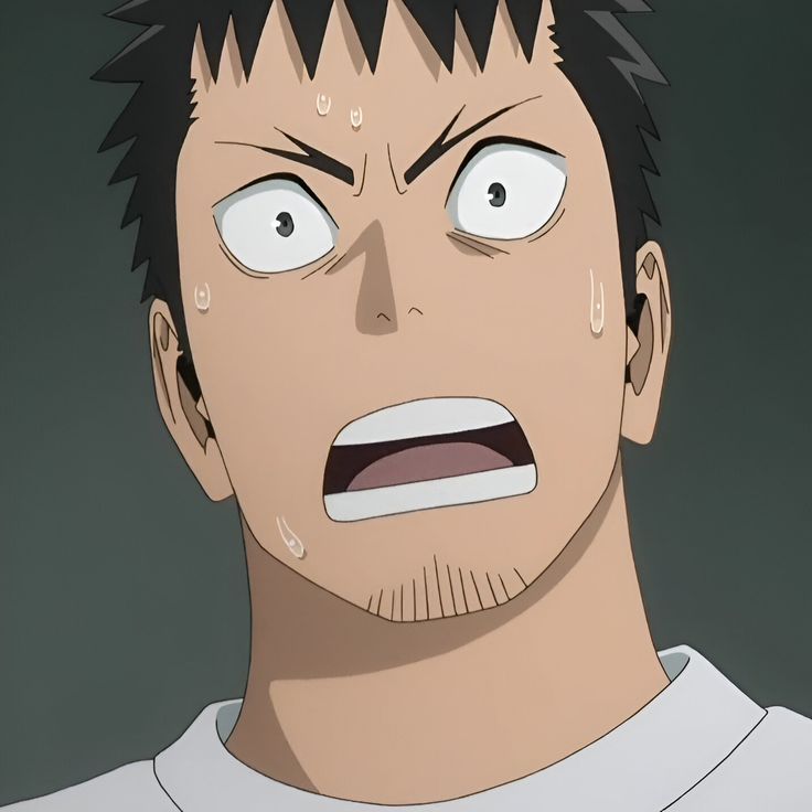 a closeup shot of a male anime character looking surprised with his mouth wide open. he has dark hair and is sweating. he is wearing a white shirt. the background is light gray.