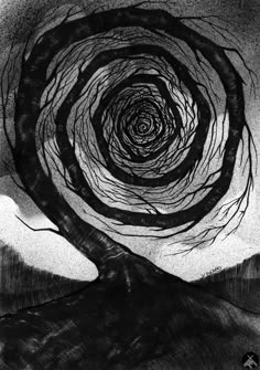 this is a black and white drawing of a tree with a spiral pattern. the tree branches are drawn in a way that makes it look like a spiral, and the drawing creates a creepy and spooky atmosphere. the pattern is abstract and surreal, and the texture of the drawing is rough and dark.