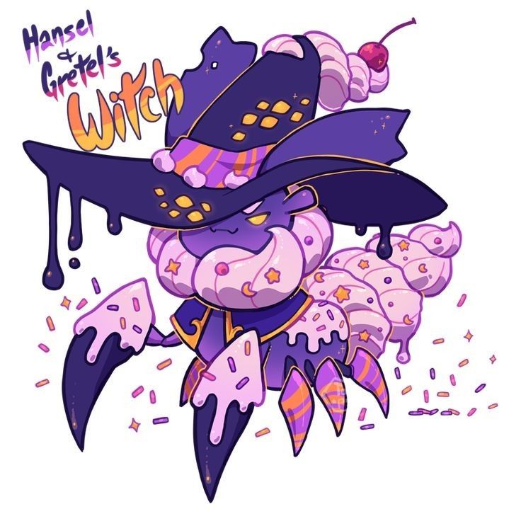 a cartoon witch character designed with a candy theme. the witch has pale lavender skin, a dark purple robe, and a large hat dripping with purple icing and topped with a cherry. its body resembles a pastry, with white icing, sprinkles, and starshaped candy decorations. the witch has a mischievous expression, and its sharp claws are dripping with icing. the background is white, with colorful sprinkles scattered around. the title "hansel & gretel's witch" is written above the character in a playful font.
