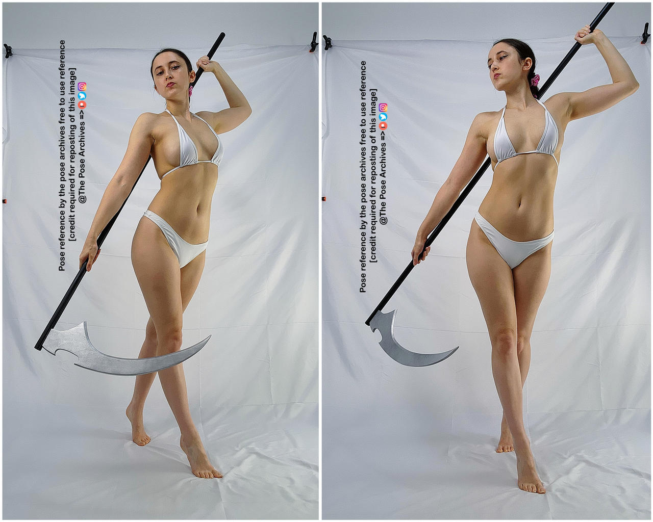 two photos of a woman in white bikini posing with a scythe in front of a white backdrop in a studio lighting setting.