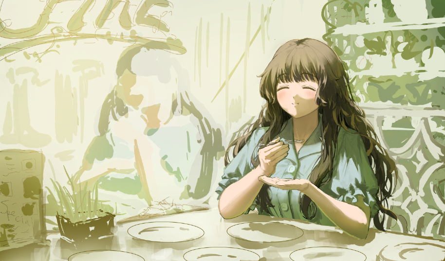 he image is a digital painting of an anime girl with long brown hair, sitting at a table in a restaurant. she is wearing a light green shirt and is smiling contentedly while eating. the background is blurred and features soft, pastel colors. the overall mood of the image is peaceful and serene.