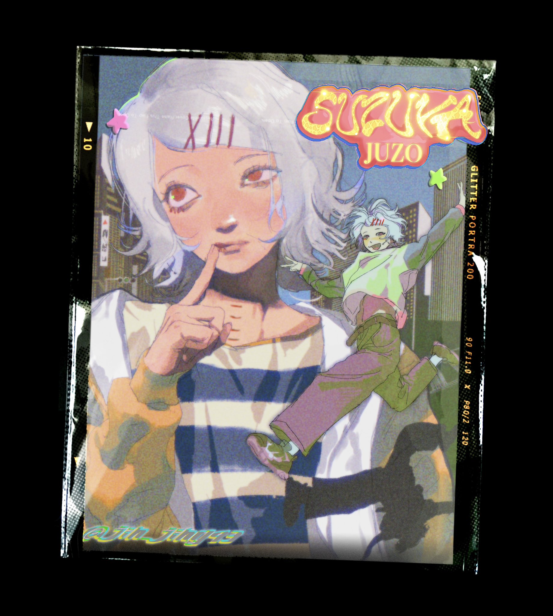 this is an illustration from the manga series "tokyo ghoul". it features juzo suzuka, a ghoul investigator, in a pose with a mysterious expression. the image is stylized with a glittery effect and a vintage film border, adding to its aesthetic appeal. the artwork captures juzo's distinctive character design and the gritty atmosphere of the series.
