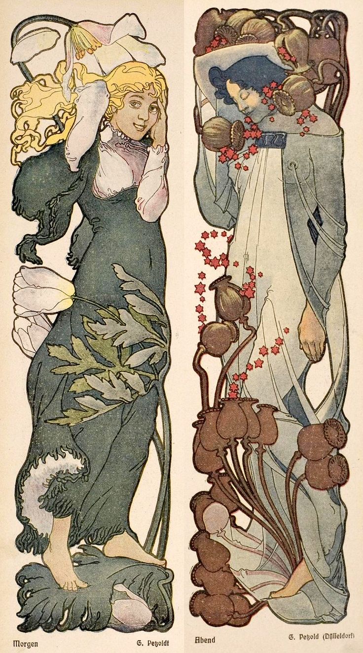 his image is a diptych featuring two art nouveau illustrations, each depicting a woman amidst poppies.  the style is reminiscent of alphonse mucha and gustav klimt. the left panel, labeled "morgen" (morning), shows a blonde woman in a dark green dress, seemingly holding a large poppy bloom. the right panel, labeled "abend" (evening), showcases a woman in a lighter, flowing gown with her head adorned with a headdress and poppies surrounding her. both illustrations feature a stylized, flowing aesthetic typical of art nouveau, with organic lines and flat color areas. the artist's signature is visible at the bottom of both panels, "g. pecold" with "diehlendorf" added to the right panel.  the overall impression is one of ethereal beauty and delicate femininity.