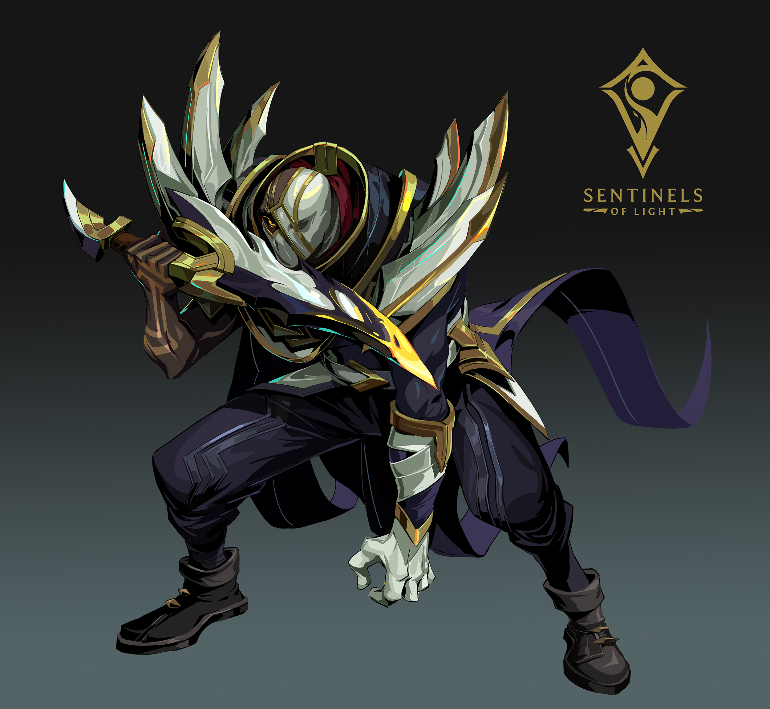 the image is a stylized digital painting of a character from the video game league of legends, specifically from the sentinels of light event.  the character appears to be jax, though heavily redesigned with new armor. he is depicted in a dynamic, crouched fighting pose. he wields a large, ornate gold and darkcolored bladed weapon.  his armor is a mix of dark, purple, and gold tones, with striking white accents on the shoulder and helmet.  the helmet itself is masked, obscuring his face. the background is a dark grey, making the character stand out.  the sentinels of light logo is prominently displayed in the upper right corner. the overall style is sharp, with detailed linework and bold colors.  the character exudes a sense of power and mystery.
