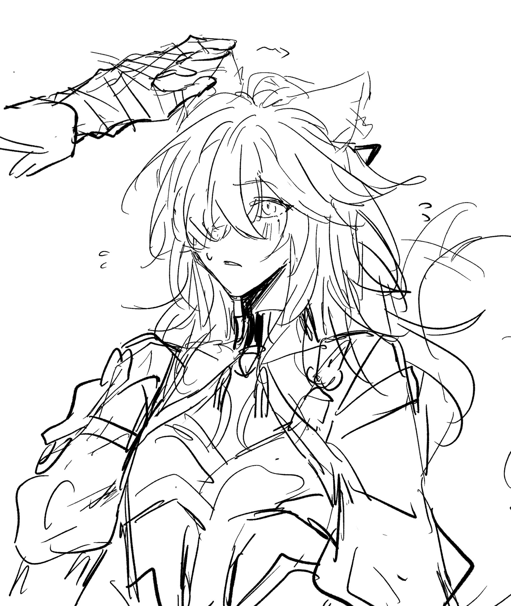this is a black and white line drawing of an anime girl. she has long, flowing hair and is wearing a collared shirt. her hand is raised above her head and she has a sad expression.  the lines are simple and the drawing is quite rough.
