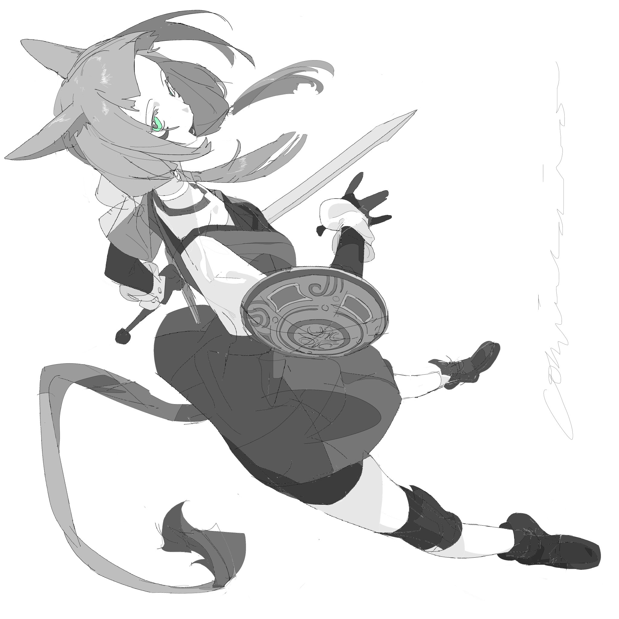 a black and white sketch of an anime girl warrior in a fighting pose, wielding a sword and shield. she's wearing a white shirt, a short skirt, and kneehigh boots. the drawing is in a dynamic style, capturing the energy of the character.
