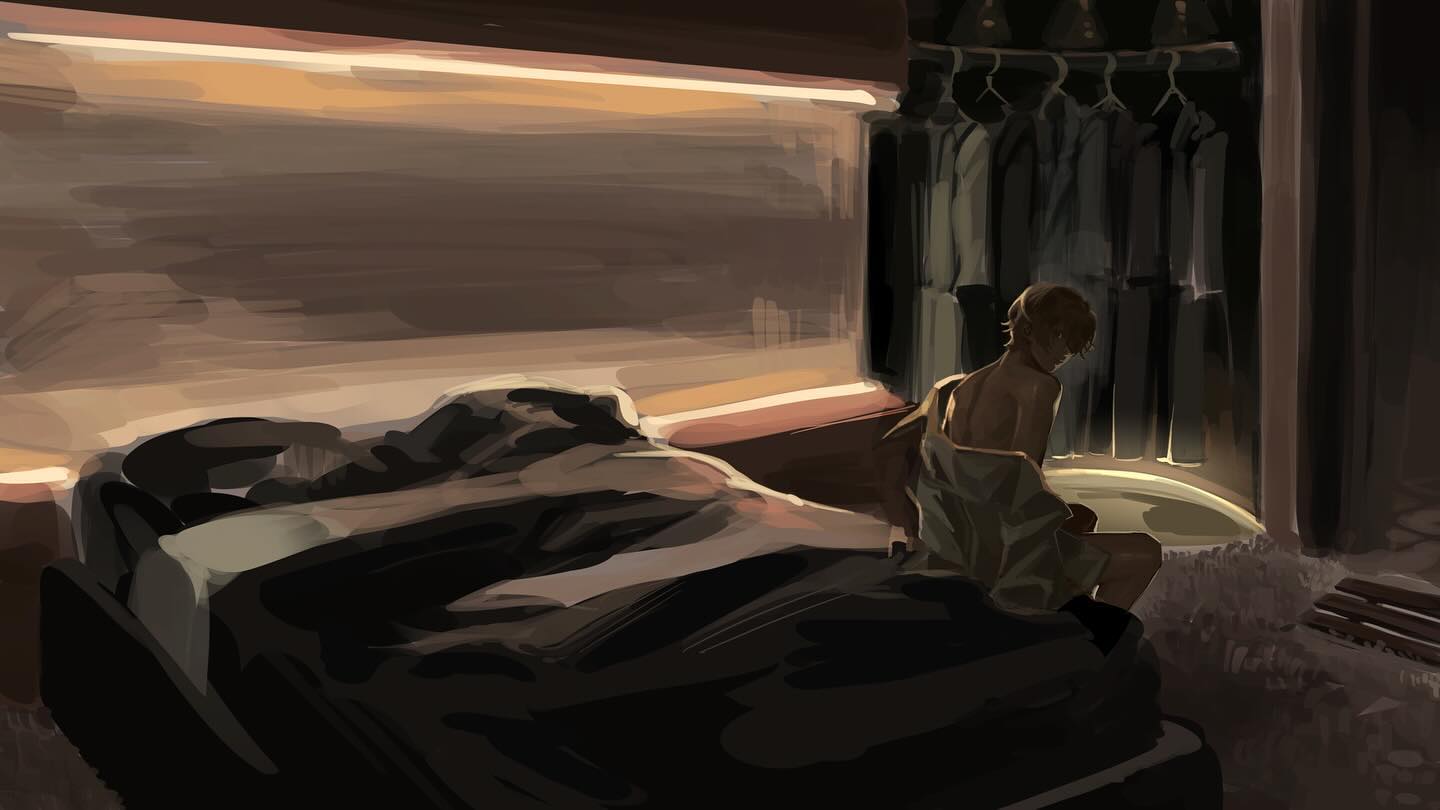 the digital painting depicts a young, shirtless man sitting on the edge of an unmade bed in a dimly lit bedroom. he appears contemplative, with his back partially turned towards the viewer. the room is dark, with a warm light emanating from a builtin closet where many articles of clothing are hanging. the overall mood is melancholic and somber, emphasizing loneliness and introspection.  the artistic style is painterly, using loose brushstrokes to create a sense of atmosphere. the background features a rich, textured wall with soft lighting.