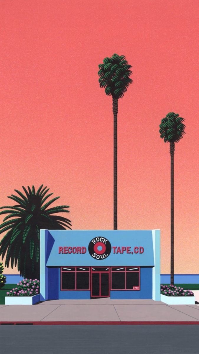 a retrostyle illustration of a record store with a blue building and a bright red sunset sky. there are two palm trees in the background, one on each side. the store sign says "rock soul record tape, cd". the store front has a black and white color scheme and a few windows. the image has an 80s or 90s aesthetic.