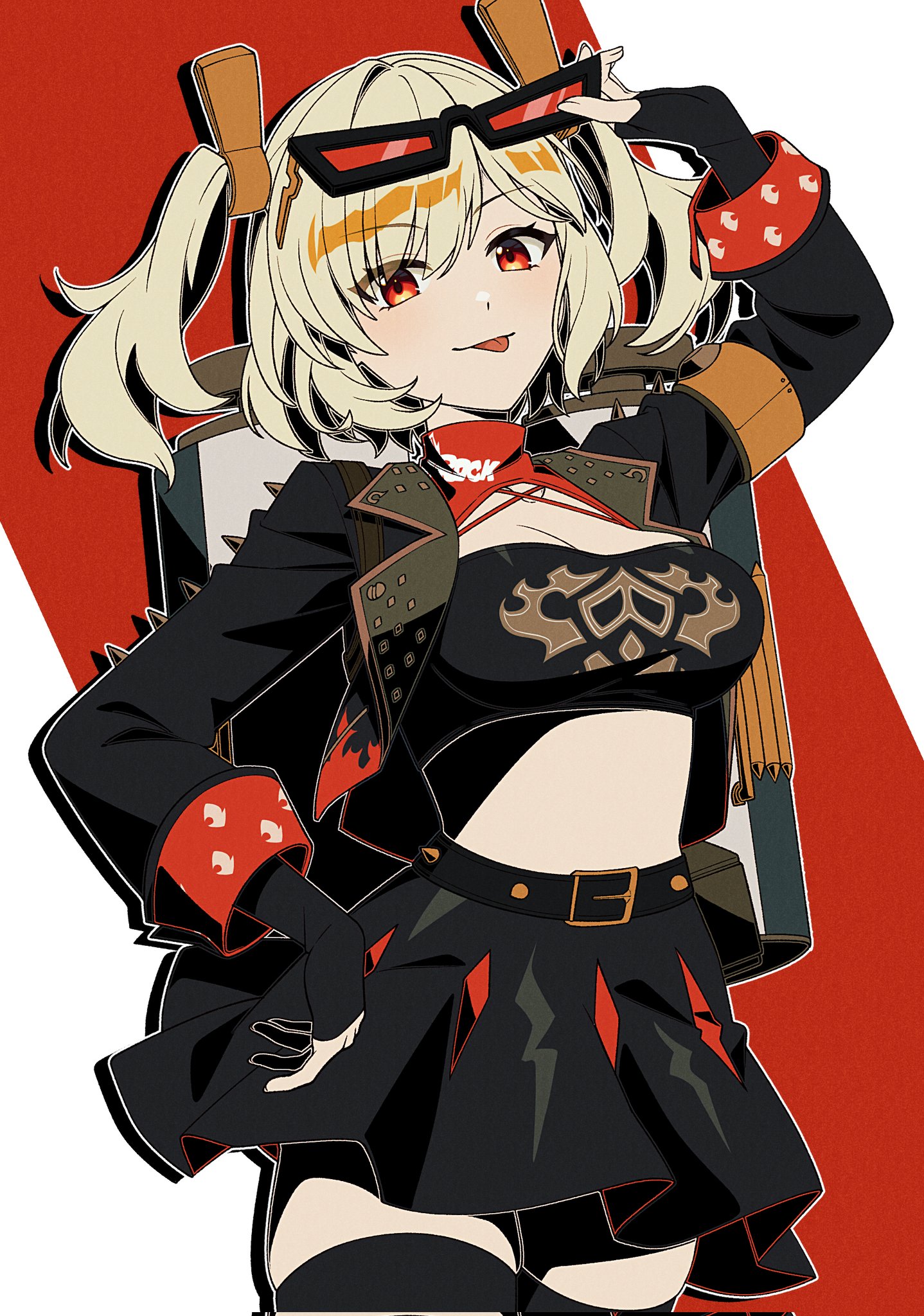 an anime girl with blonde hair and red eyes, wearing a rockandroll style outfit. she is holding a pair of sunglasses with one hand, and her other hand is on her hip. she is smiling with a mischievous look on her face. the background is a red and white diagonal pattern.