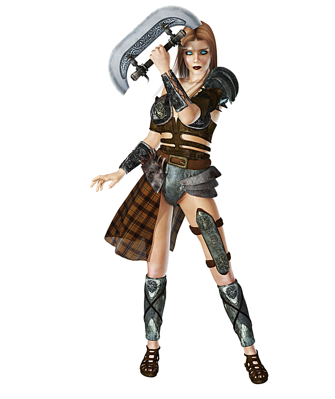 a digital artwork depicts a warrior woman, holding a large axe overhead, dressed in medievalstyle armor and a kilt. she is posed against a black background.