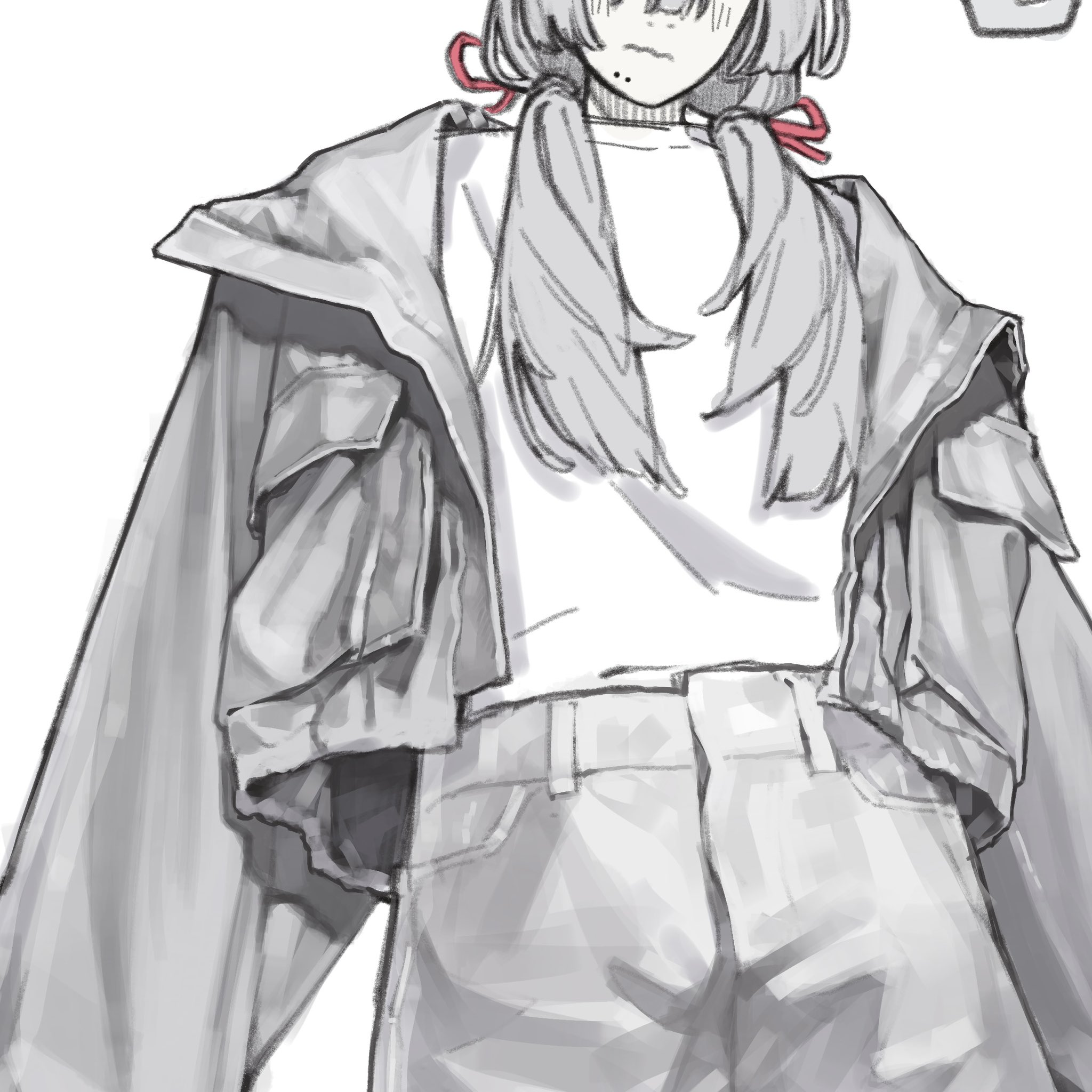 the image is a grayscale digital drawing or illustration of an anime or mangastyle girl. she has long, straight hair tied back with a small red ribbon, and is wearing an oversized, loosefitting grey jacket over a white tshirt and loosefitting light grey jeans.  the style is casual and contemporary, with a focus on the clothing and its drape. the drawing style is loose and painterly, with visible brushstrokes and shading. the overall tone is relaxed and somewhat melancholic.