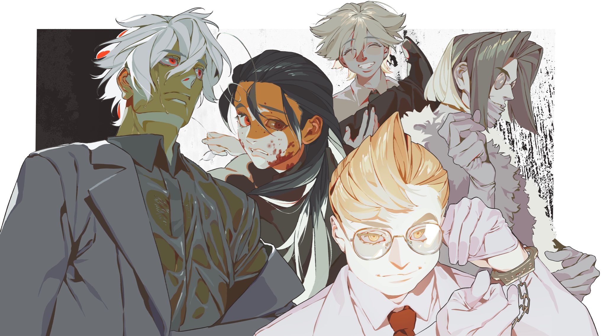 the image shows a drawing of five animestyle characters in various states of distress or decay. a greenishskinned zombie man in a suit stands on the left, while a bloodspattered individual stands behind a blonde man in a lab coat, who is putting on handcuffs. behind them are two other pale figures, one with a wide smile and another with a restrained expression. the background is mottled with black splatters.