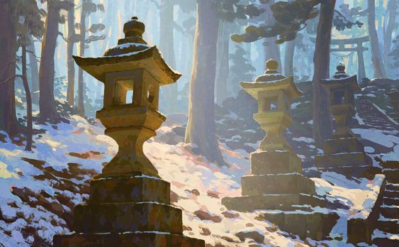 the image showcases a serene winter scene with a path leading up to a traditional japanese temple. stone lanterns, dusted with snow, line the path, their weathered surfaces illuminated by the soft sunlight filtering through the trees. the forest, cloaked in a blanket of snow, creates an atmosphere of tranquility and peace.
