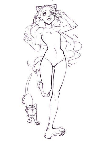 a line drawing of a girl in an anime style. she has her hair in a long ponytail with the end of her hair in a swirl shape. she is wearing cat ear headbands. she is standing with her left leg forward and her right leg back. she is reaching her left arm behind her and reaching her right arm up to her right side of her face. she is smiling. behind her is a small cat with a round tail. the drawing is on a white background.