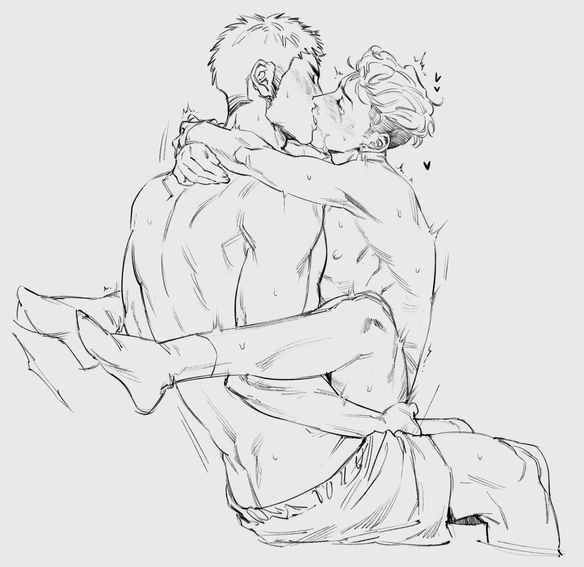 the image is a black and white line drawing or sketch depicting two shirtless men intimately embracing and kissing.  one man is positioned atop the other, legs wrapped around his waist.  the style is suggestive of manga or anime, with fluid lines and a focus on the emotional intensity of the moment.  sweat droplets are subtly indicated, adding to the feeling of closeness and passion.  small hearts are drawn near the men's heads, adding to the romantic and affectionate context. the overall mood is romantic and suggestive of a deeply affectionate relationship.