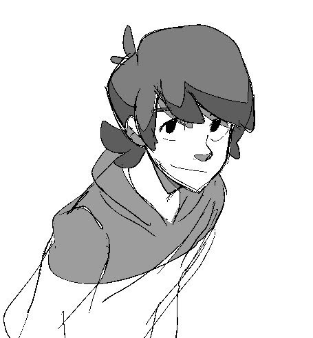 a simple, black and white sketch of a young anime boy in a hoodie. the boy is looking sideways, with his smile barely visible, and his expression is friendly and happy. the sketch is simple and casual, with no detailed background or setting.