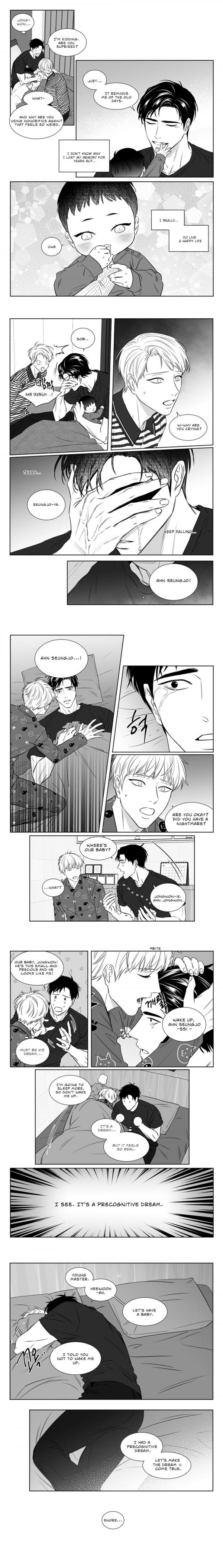 he image shows a sequence of panels from a manga or manhwa comic, predominantly in black and white.  the panels depict various intimate moments between two male characters, showcasing a romantic relationship. the art style is detailed, focusing on the characters' expressions and body language to convey emotions like affection, vulnerability, and tenderness. there is dialogue and thought bubbles to enhance the story. the overall narrative suggests a romantic and possibly emotional storyline.