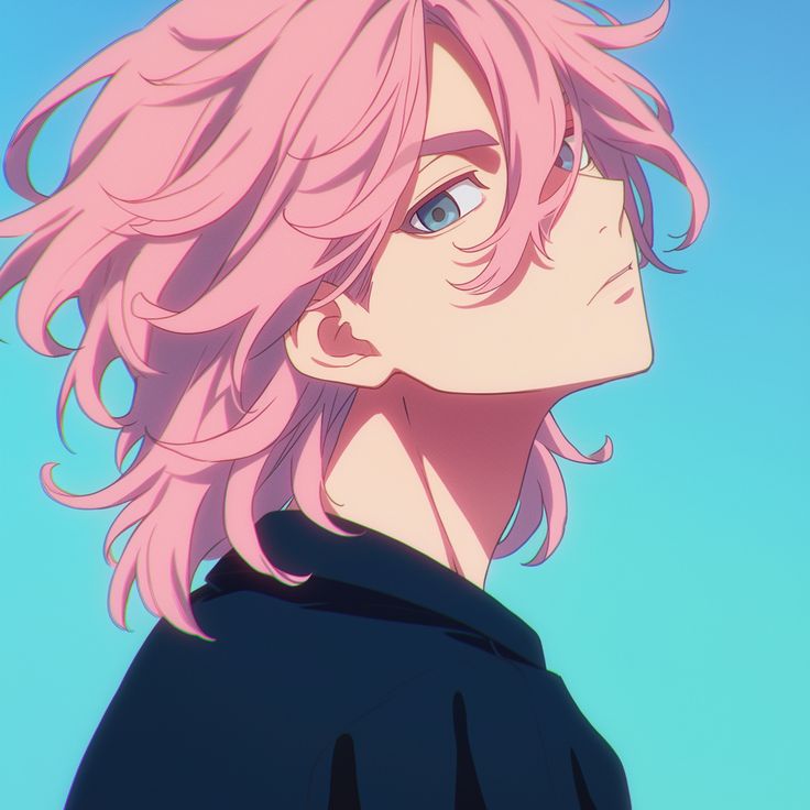 the image is a stylized animestyle illustration of a young man. he has long, wavy, light pink hair that frames his face, and striking blue eyes. his expression is serene and thoughtful, his gaze directed away from the viewer.  he’s wearing a darkcolored, hooded sweatshirt. the background is a soft, light aqua blue, creating a peaceful and dreamy atmosphere. the art style is soft and smooth, with subtle shading and pastel coloring. the overall impression is one of calmness and quiet contemplation.