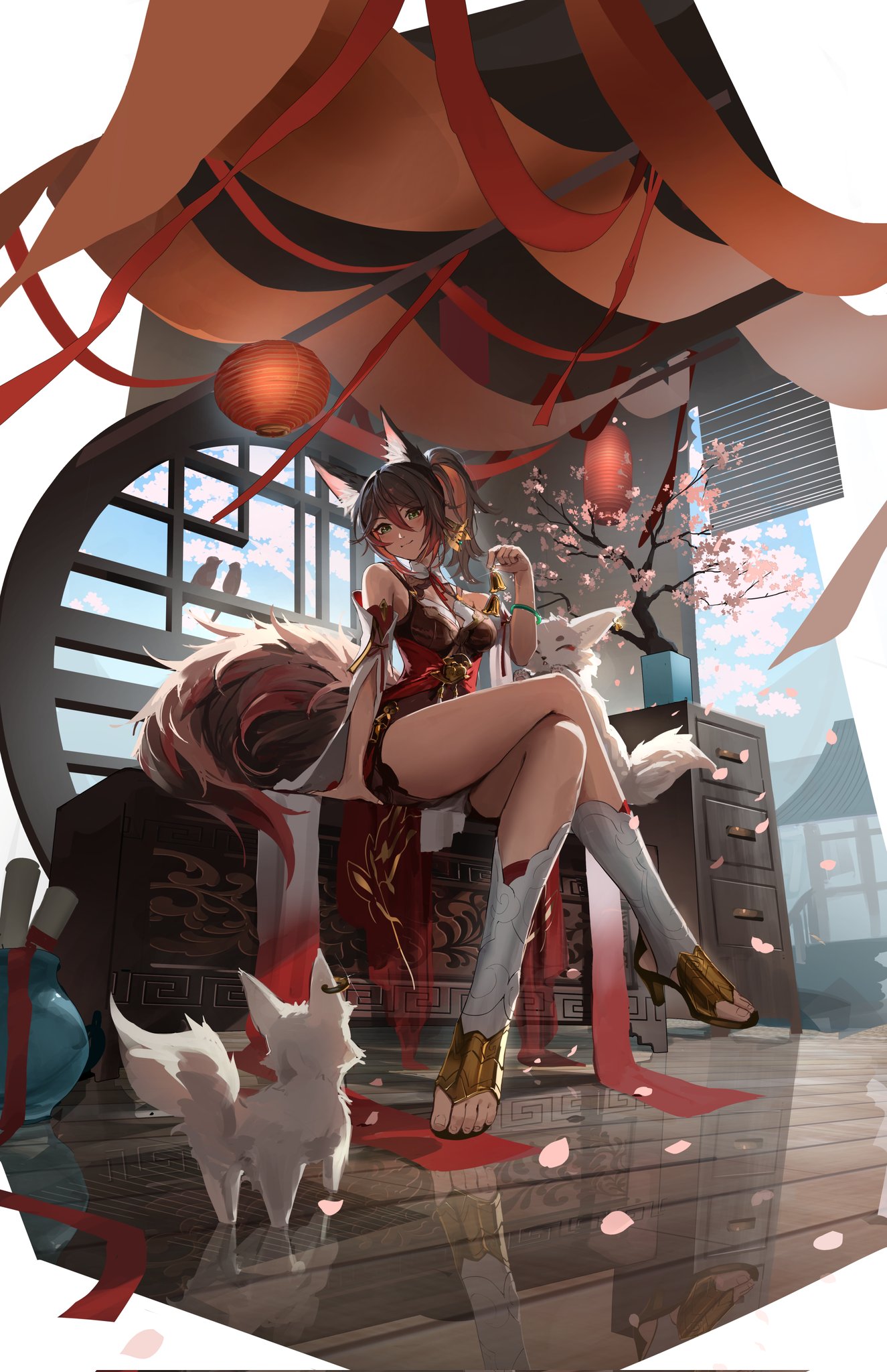 the image is a digital painting of an animestyle woman with fox characteristics. she has reddishbrown hair, a foxlike tail, and is wearing a traditional chineseinspired dress. she's sitting on a ornate chest in a room with cherry blossoms and traditional chinese lanterns. two small white foxlike creatures are near her feet. the overall style is elegant and fantastical. the scene is brightly lit, and the colors are vibrant. the artwork appears to be digitally painted.