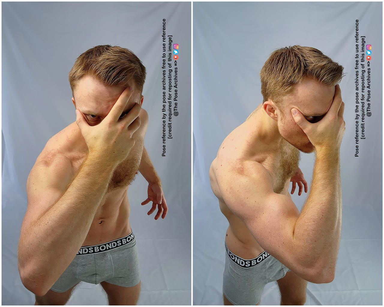 he image displays two photographs of the same muscular young man, shirtless except for grey underwear, against a light grey backdrop. the photos present front and side views, with the subject striking a pose, hand partially covering his face.  the even lighting and neutral background emphasize the anatomical details of the body, making it ideal for artistic reference.