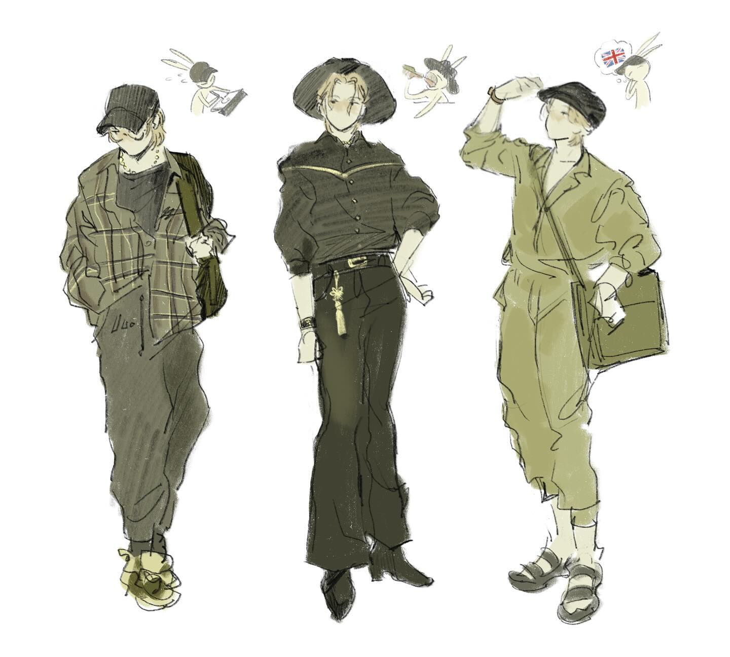 the image contains a digital drawing or sketch of three male characters in different casual outfits. the styles are a mix of streetwear and slightly vintage looks.  the character on the left wears a plaid shirt, baseball cap and appears to be carrying a backpack. the central figure sports a westernstyle shirt and widelegged pants with a cowboy hat. the character on the right is wearing a jumpsuit and has a shoulder bag.  the overall style is loose and expressive with a muted green and brown color palette.  small cartoonlike figures are visible in the background, seemingly unrelated to the main subjects. the style is reminiscent of fashion illustrations or character designs for a manga or anime.