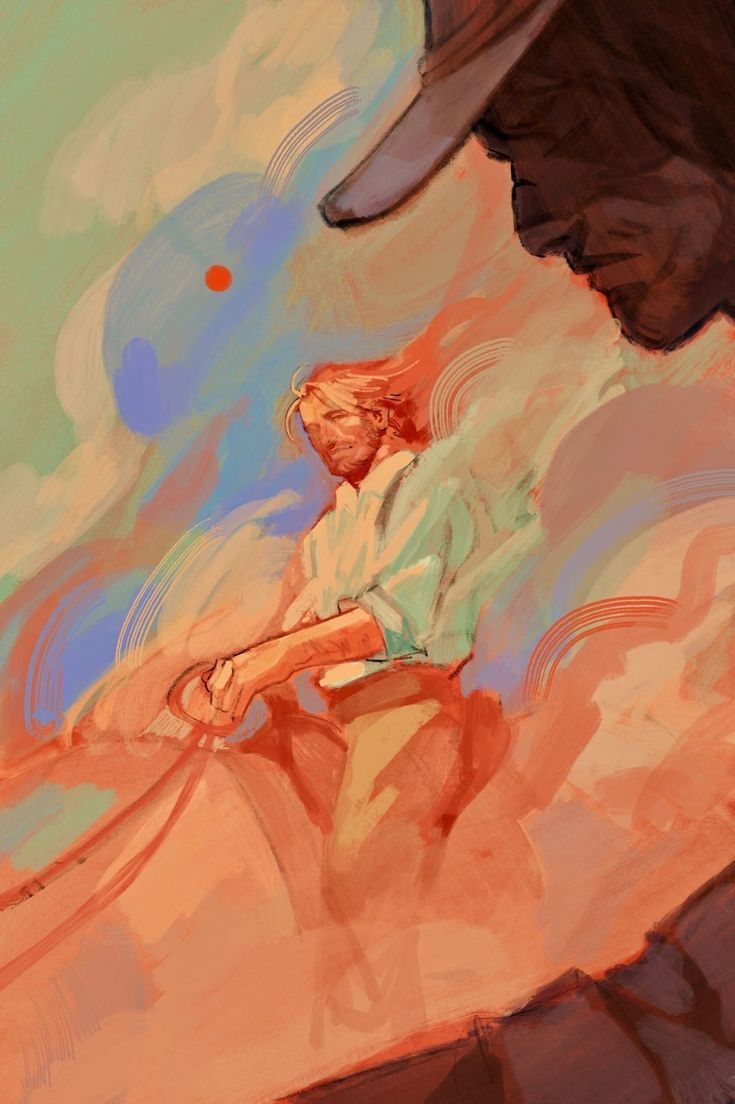 the artwork is a digital painting or illustration with a painterly style resembling impressionism. it depicts a scene set in a western landscape during either sunset or sunrise.  the colors are predominantly warm, with ochre, orange, and peach tones dominating the background.  there are splashes of cooler blues and greens throughout. the central focus is on a man riding a horse, who is depicted in loose, expressive brushstrokes. he is seen from the waist up and is wearing a lightcolored shirt.  in the upper right corner, a portion of a second man is visible in profile, wearing a hat, suggesting a possible interaction or observation. the background is hazy and abstract, with swirls and curves that add depth and a sense of movement. the overall mood is evocative, atmospheric and tells a story without being literal. the style is expressive rather than photorealistic, relying on color and brushwork to convey mood and emotion.