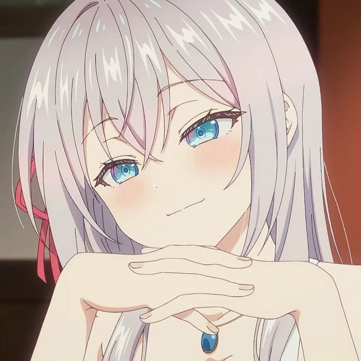 this is a closeup portrait of an anime girl with long, white hair and blue eyes. she is blushing and smiling slightly. her hand is resting on her chin and she is wearing a red ribbon and a necklace with a blue gemstone. the background is blurry.