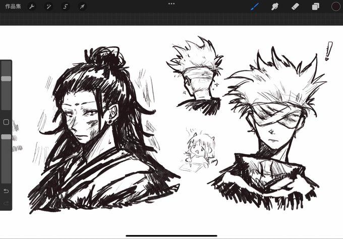 the image shows a digital sketch of four animestyle characters.  the main focus is on two larger characters; one with long dark hair and somewhat sorrowful expression and another with spiky light hair and a blindfold, appearing more serious and emotionless.  two smaller sketches are also present, possibly depicting side characters or alternative expressions.  the style is dynamic, with expressive lines and shading. the overall tone is dark and moody, suggesting a possibly dramatic or intense narrative. the artwork seems unfinished but already showcases the artist’s ability to create distinct characters with unique personalities.