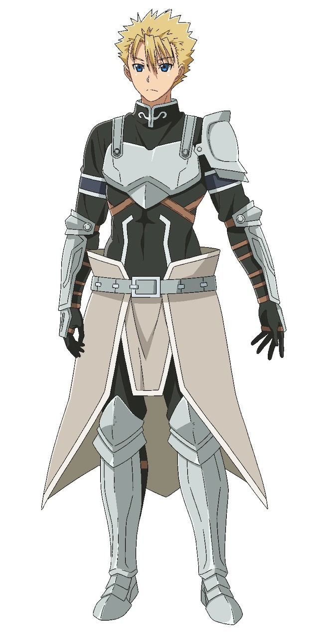an anime character of a blond male with blue eyes wearing armor is standing and looking at the viewer. he is wearing a black and gray armor with a white cape. the character is in a fantasy setting, possibly a knight or warrior. he is holding a sword and a shield, with a white background.