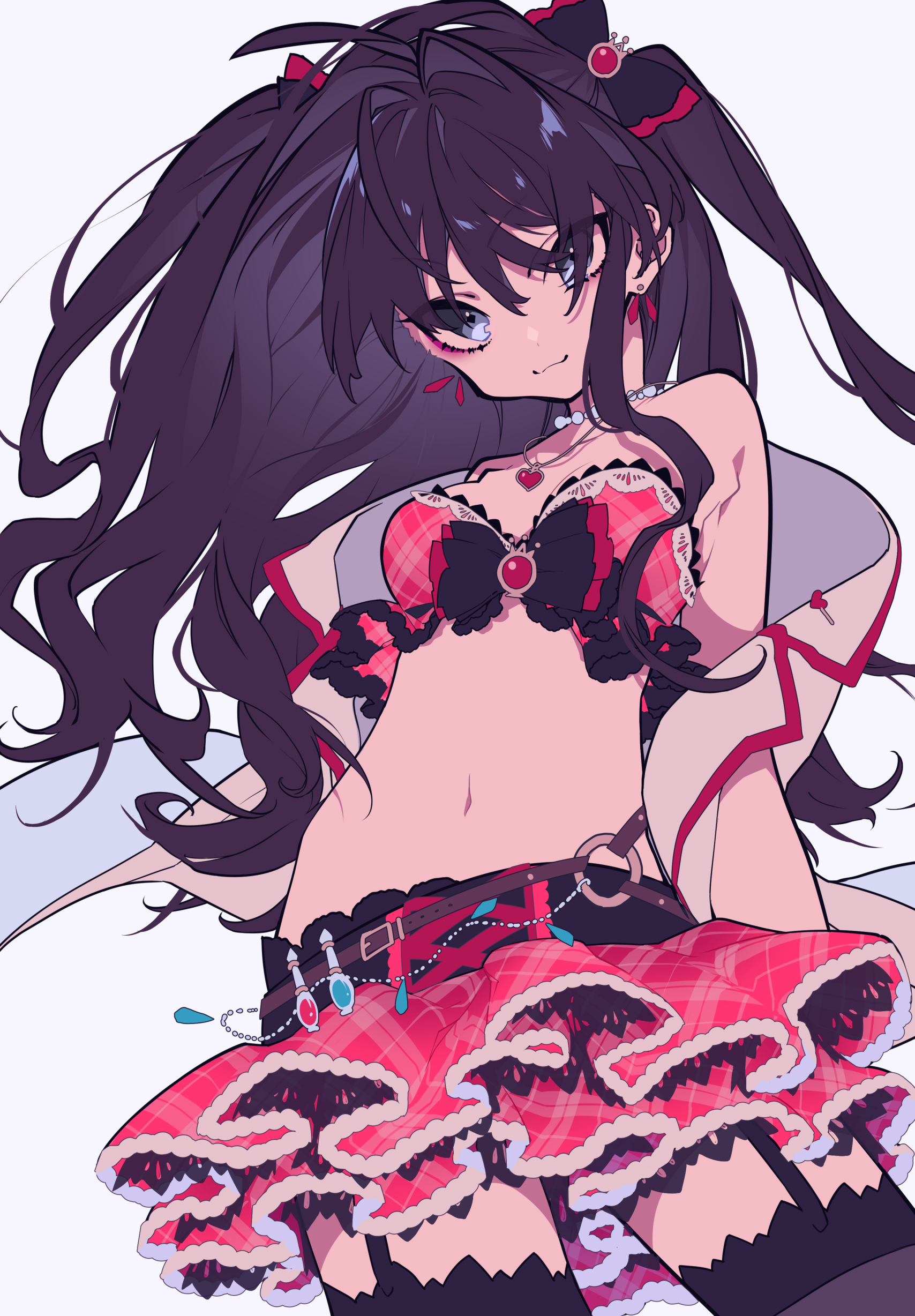 an animestyle girl with long, flowing dark hair is pictured. she has a playful smirk on her face and is wearing a revealing outfit with a red and black plaid pattern. her ensemble includes a ruffled skirt, thighhigh socks, and various pieces of jewelry, including a heart pendant and hanging ornaments from her belt. the overall style is reminiscent of manga art, with attention to detail in the hair and clothing.