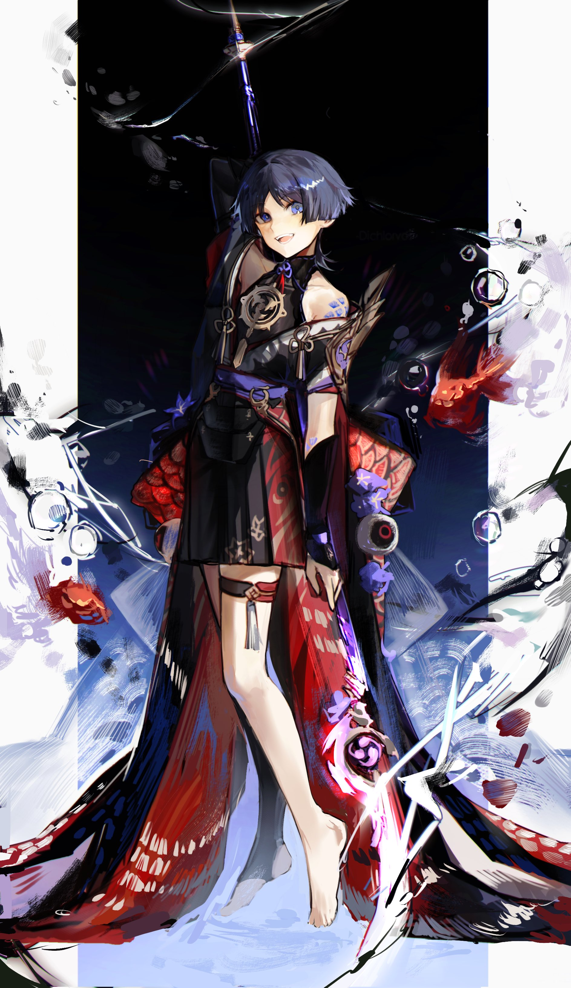 an animestyled illustration features a young man with short blue hair and striking blue eyes. he stands in a dynamic pose, barefoot, with a long spear emanating magical energy. he's clad in an elaborate black and red robe with gold accents, its long, flowing fabric adding to the sense of movement. the background is a dramatic interplay of black and white abstract shapes, further highlighting the character's presence.