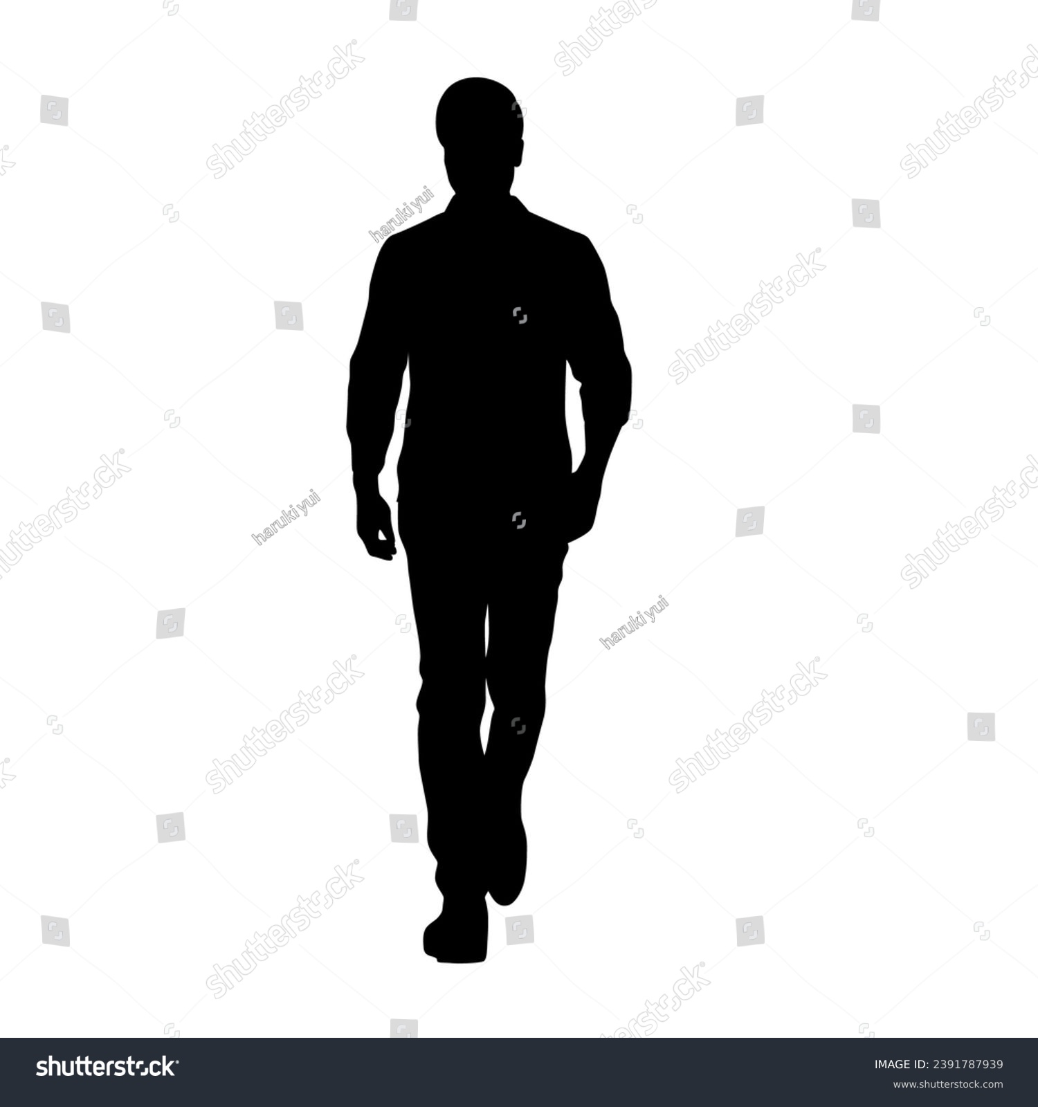 the image is a black silhouette of a man walking forward on a white background. the man is wearing a collared shirt and pants.