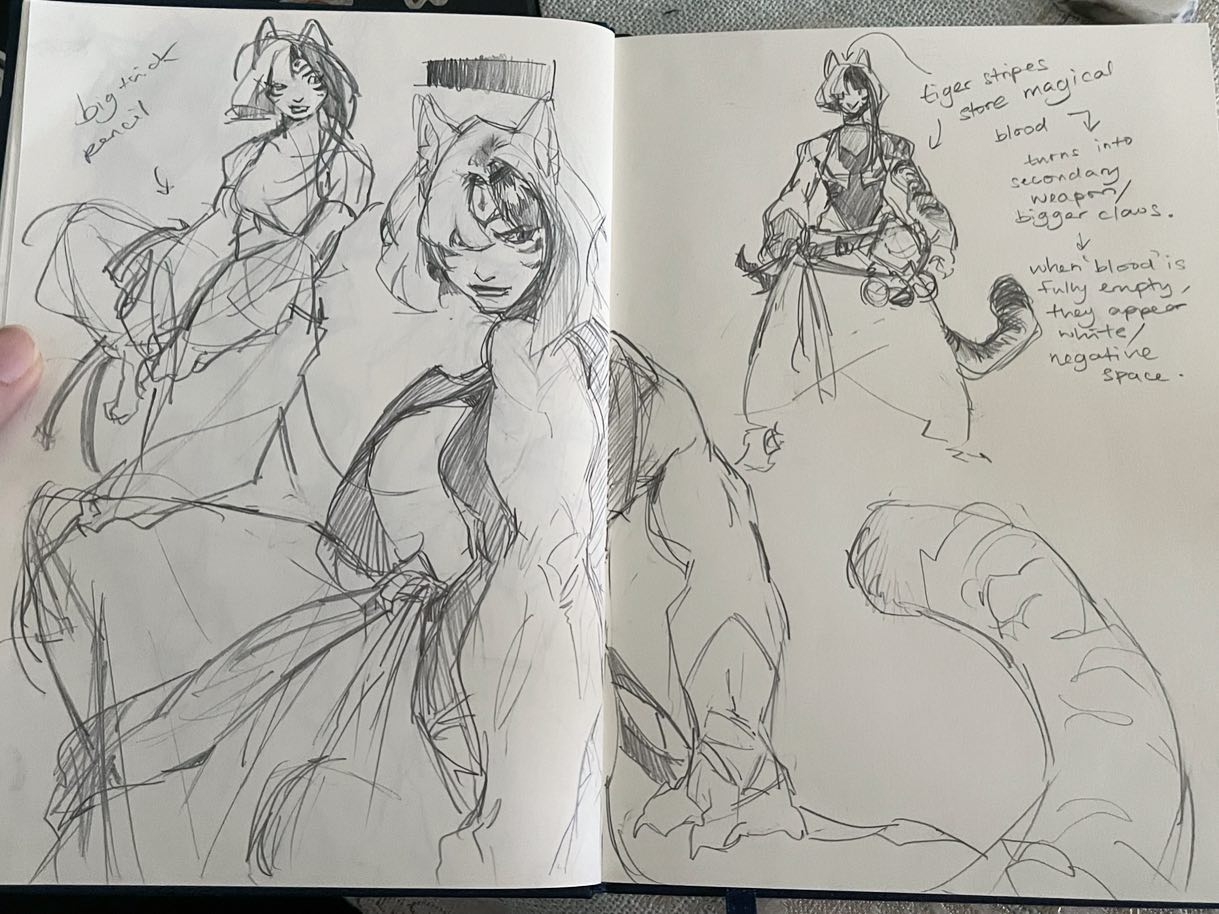 he image shows a sketchbook page filled with pencil sketches of female characters with catlike features.  the sketches vary in style and detail, ranging from rough pose studies to more refined character designs. one character is significantly more muscular than the others.  notes accompany one of the drawings, detailing a concept involving magical tiger stripes that transform with blood levels, appearing as weapons when filled and disappearing to negative space when empty. the text also indicates the sketches were made using a "big trick pencil". the overall style is dynamic and expressive, suggestive of character development for a possible animation or comic book.