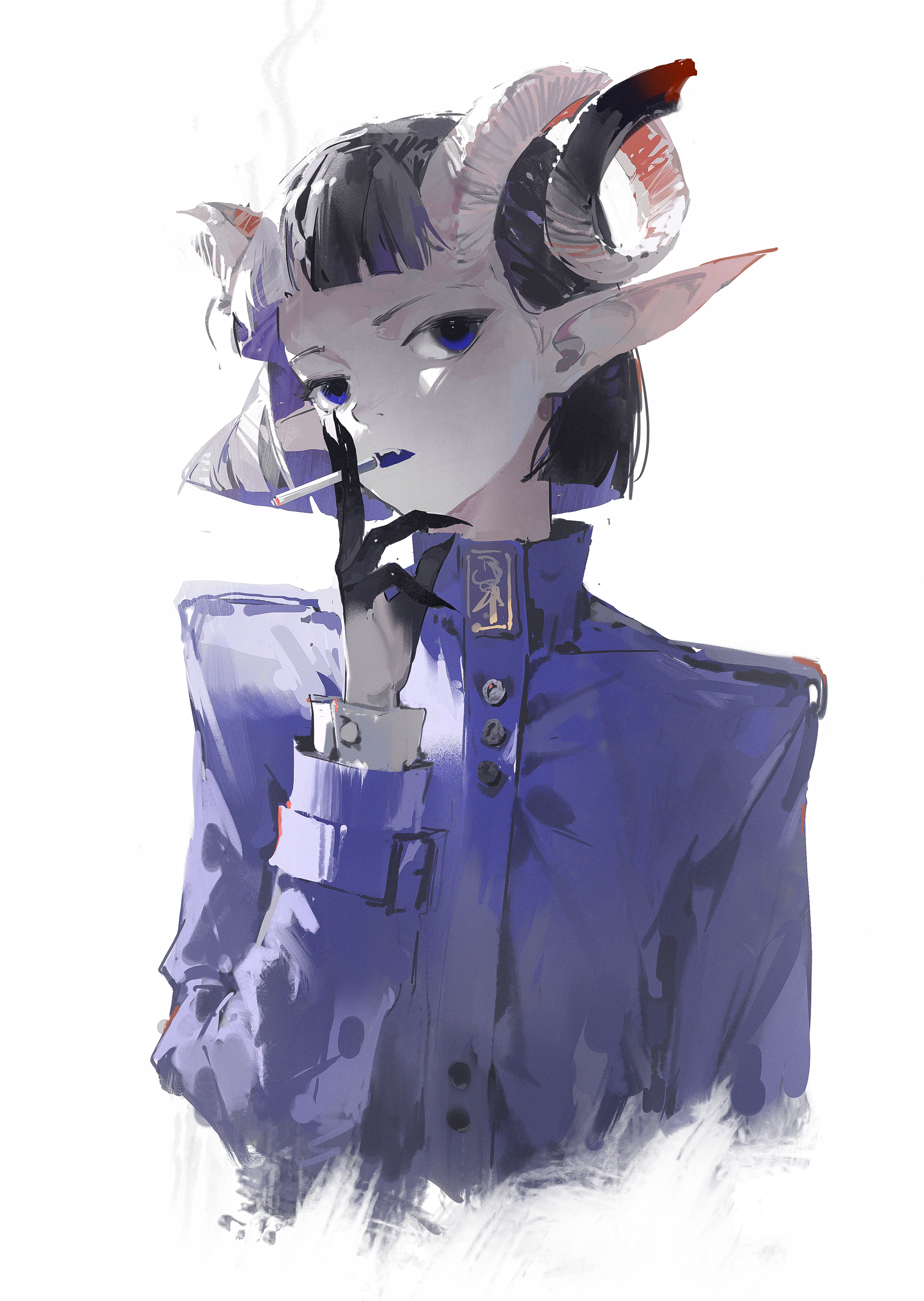 a drawing of a young anime girl with horns and large ears. she has short black hair and is wearing a blue jacket. she is holding a cigarette in her hand and there is smoke coming from it. the background is white and there are some light brushstrokes.