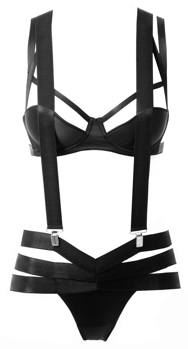 a lingerie set featuring a black bra with straps and a matching panty with suspender straps.