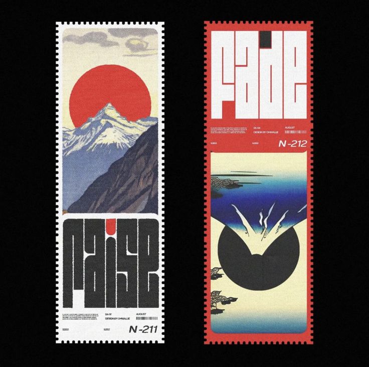 two stamps are presented sidebyside against a black background. each stamp features a unique, stylised design with the text "fade" and "raise" at the bottom of each. the design is composed of a black, bold sans serif font, with a japaneseinspired aesthetic. the image in the background features an abstract japanese landscape in both images. the stamps are framed with a red, indented border.  the top stamp is red and white, with the image in the background showing a circular sun and a mountain range. the bottom stamp features a white, blue, and black background with a black circular image and a series of abstract lines and imagery.  the top stamp includes a number, "n212," and the bottom stamp includes a number "n211."