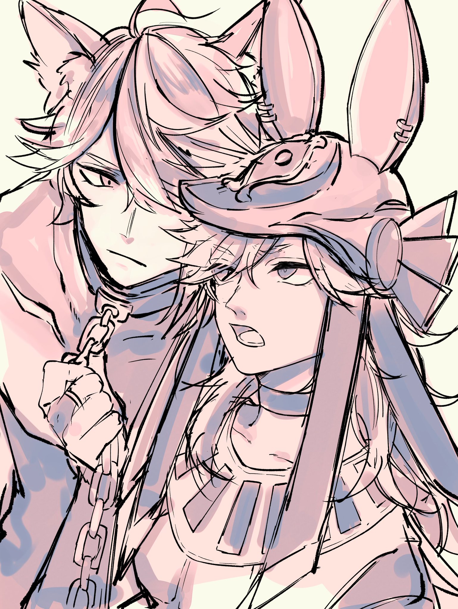 this is a drawing of two anime girls. both girls have long hair and big eyes, but they have different hairstyles and outfits. the girl on the left is wearing a catlike costume. she has a big pink ribbon around her neck and cat ears on her head. the girl on the right is wearing a bunnylike costume, and her hair is long and wavy. she has big rabbit ears on her head.