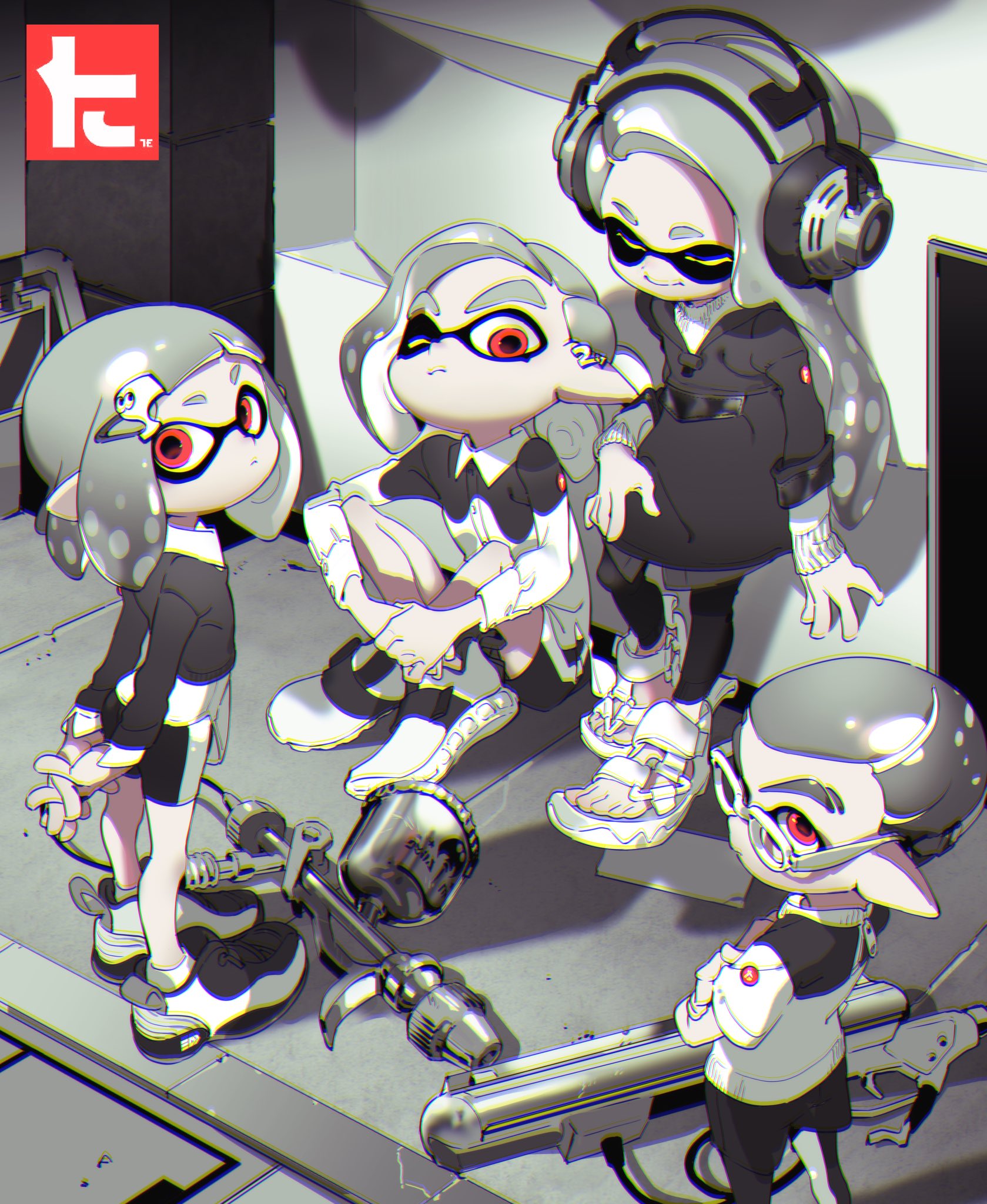 four characters from splatoon with weapons are posing for the camera in a dark urban street setting.  the color palette is muted, giving the image a gritty feel.