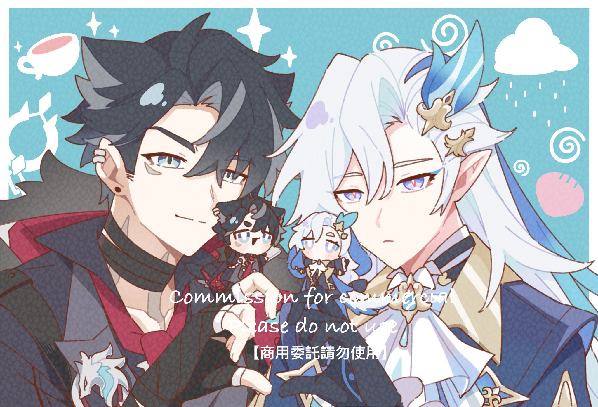 this is a digital fanart depicting aether and kaeya from genshin impact in a chibi style. the characters are drawn with soft colors and lines, creating a gentle atmosphere.  smaller chibi versions of aether and kaeya are also included, held by their larger counterparts. the art includes text indicating it's a commission and a request to not use the artwork commercially.  the background features simple light blue swirls and a cloud with rain. the overall aesthetic is soft, romantic, and cute.