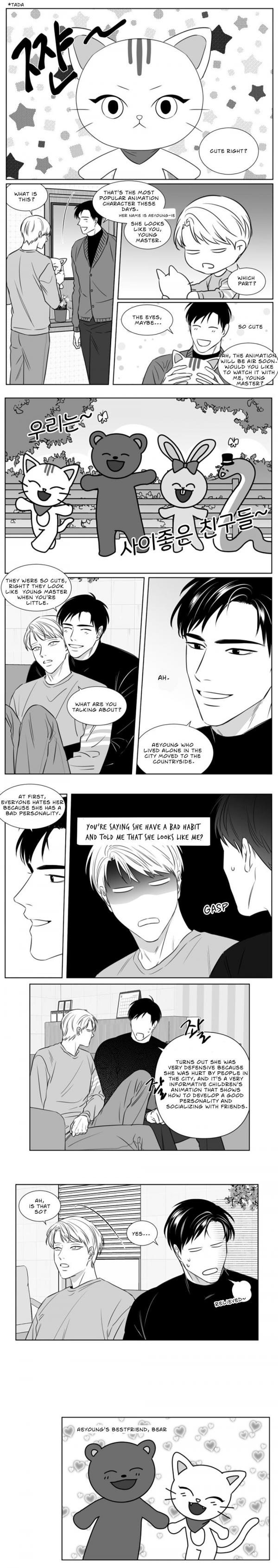 his image is a collection of panels from a manga or manhwa comic. the story seems to revolve around a romantic relationship between two male characters.  the art style is clean and expressive, using monochrome to convey emotion and focus on the characters' interactions.  there are also several cute animal characters interspersed throughout, adding a lighthearted element. the panels show different scenes, ranging from intimate moments between the couple to scenes in a more public setting like a park.  dialogue boxes provide context and advance the narrative.