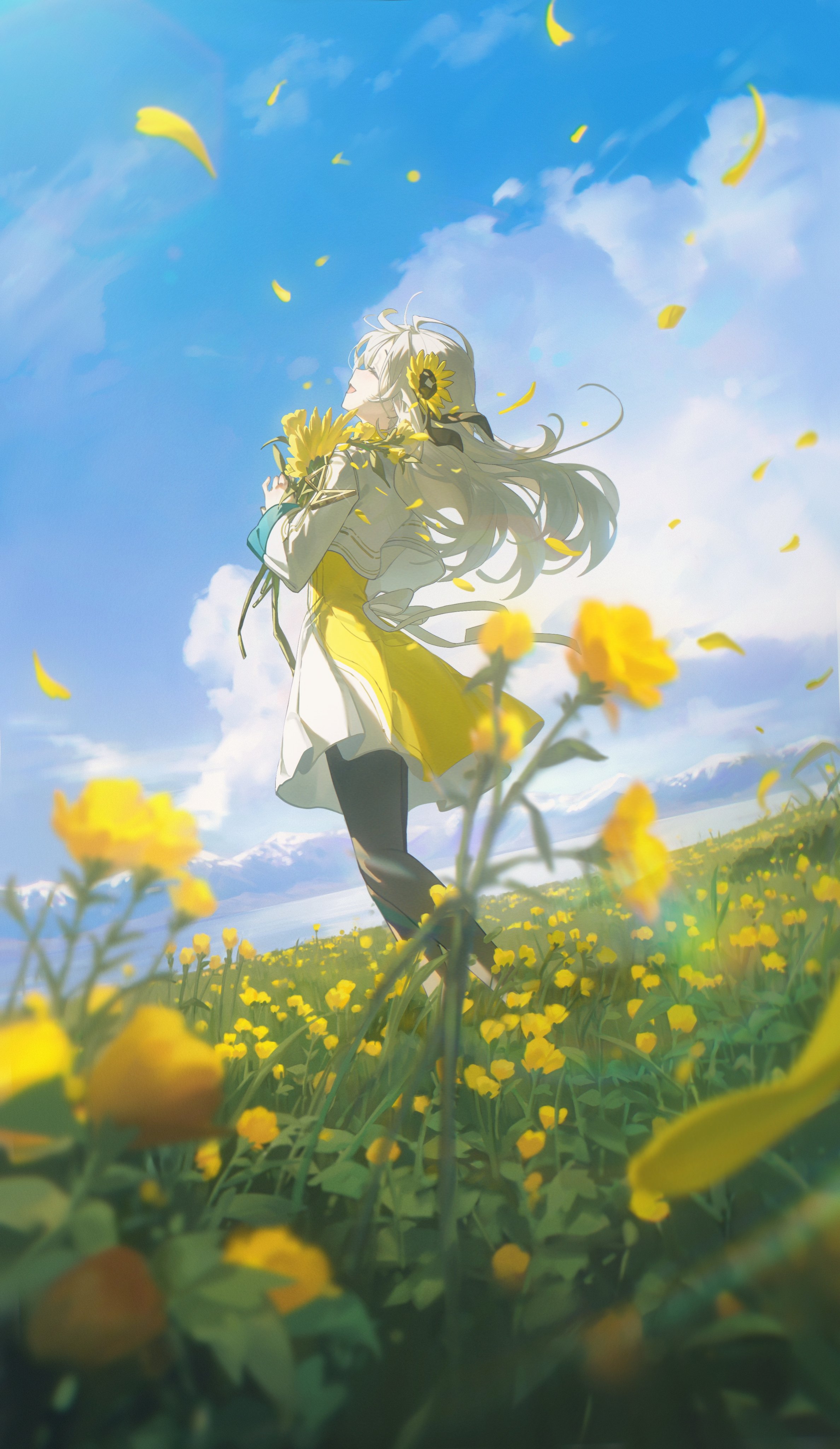 an animestyle image depicts a young girl with long, flowing white hair standing in a field of yellow flowers under a bright blue sky with scattered clouds. she wears a light yellow dress and holds a bouquet of yellow flowers close to her chest. a sunflower is attached to her hair. yellow petals are falling around her. the scene conveys a sense of joy and serenity.