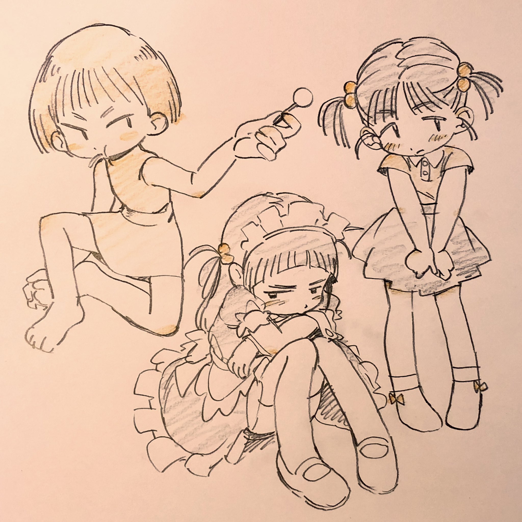 the image is a sketch of three animestyle girls. one is sitting in a maid outfit looking downcast, another is standing with her hands clasped in front of her, and the third is crouched down in a dynamic pose.