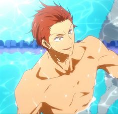 a digital illustration of a young man with reddish brown hair. he is shirtless, exposing his muscular physique, with a determined expression on his face. he appears to be in a swimming pool, as indicated by the blue water surrounding him and the reflections of light. the overall style of the image suggests it could be from an anime or cartoon.
