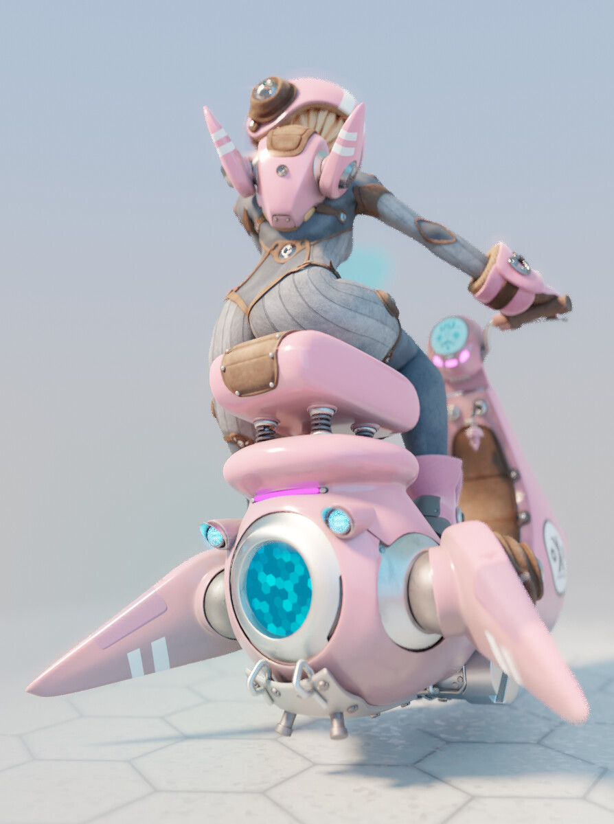 a pink robot girl in a pink and white futuristic vehicle.  the character is leaning forward on the vehicle, as if ready to take off.