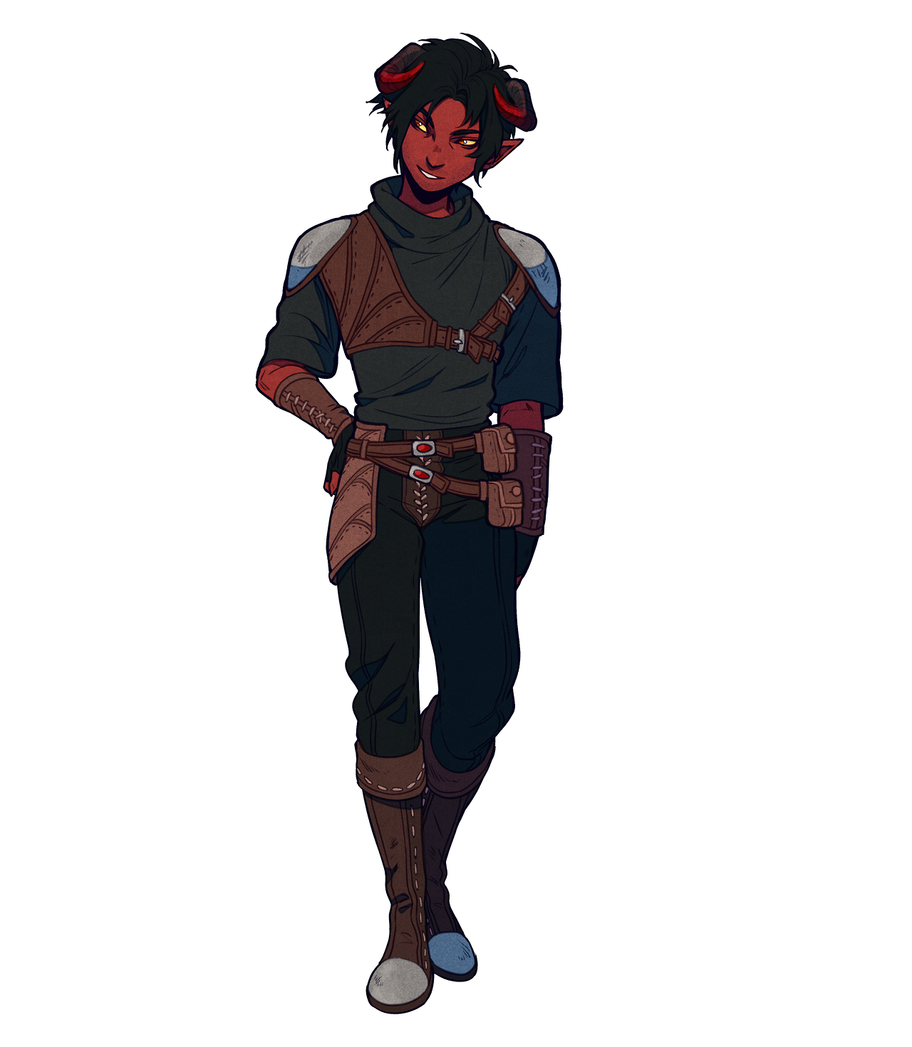 the image showcases a digital illustration of a male tiefling character, likely designed for a fantasy tabletop roleplaying game. he is presented in a confident stance, one hand resting on his hip, the other casually tucked into his belt. his attire is a blend of practicality and style, suggesting a roguelike class.  he sports a fitted dark green shirt under a dark leather vest with multiple buckles and straps. his pants are a dark grey, tucked into brown leather boots with reinforced shin guards. a blue cloth peeks out from the top of his boots, adding a splash of color.  he is also equipped with brown leather bracers and a small satchel attached to his belt. his red skin, black hair, and sharp yellow eyes mark him distinctively as a tiefling, a race known for their infernal heritage.