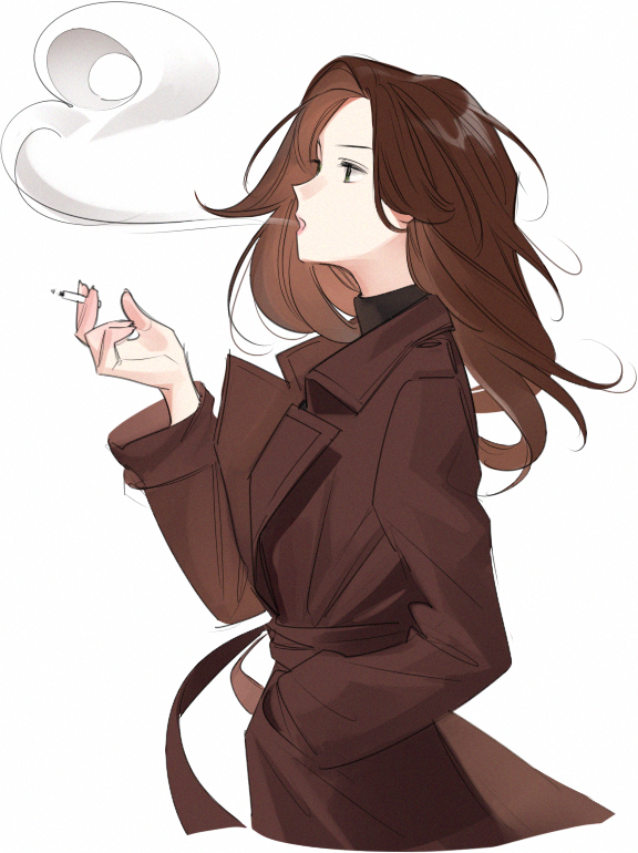 a young woman with long brown hair is shown in profile view, facing left, wearing a brown trench coat. she is smoking a cigarette, and the smoke curls upward past her face.
