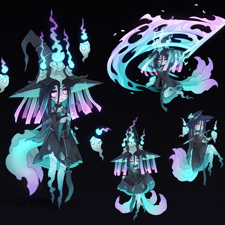 the image is a character sheet of a witch in anime style. there are four poses. they all have a witch hat, black dress, and are surrounded by spectral flames in shades of blue and purple. one is holding a sword. the background is black.