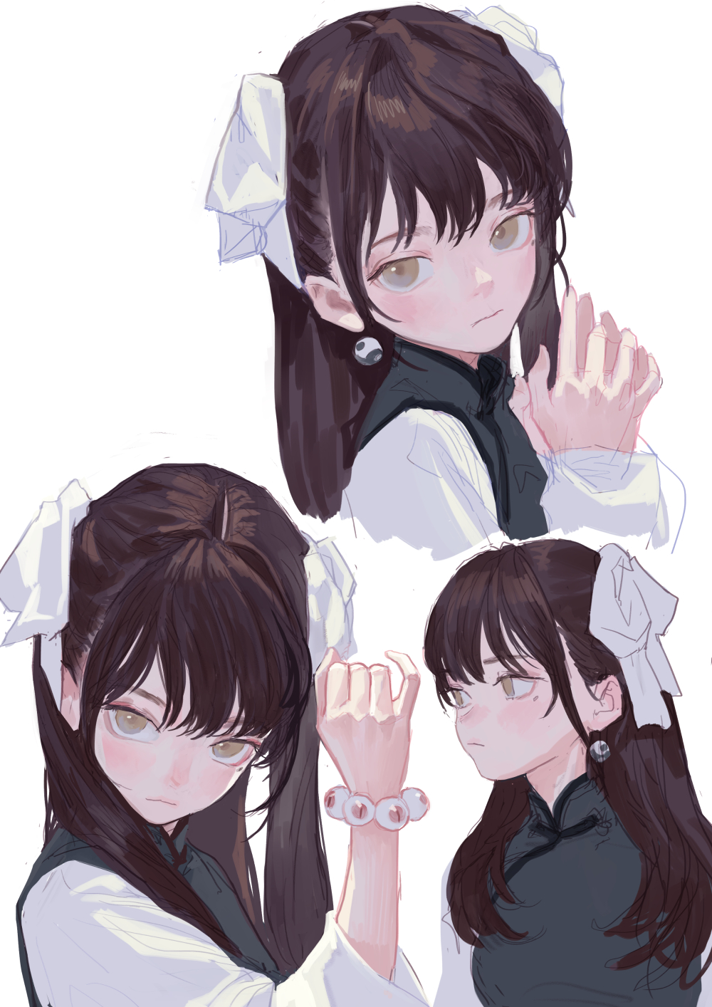 the image is a digital illustration featuring three depictions of an animestyle girl with dark hair styled in pigtails, each adorned with a white bow. she has fair skin, olivetoned eyes, and bangs that partially cover her forehead. she's wearing a traditional chinese dress, rendered in a dark green color. the top left portrait shows her clasping her hands together, while the bottom left portrait shows her wearing a bracelet made of light pink spheres. the bottom right portrait shows her in profile. the style is somewhat sketchy and painterly, with visible brushstrokes and unfinished lines.